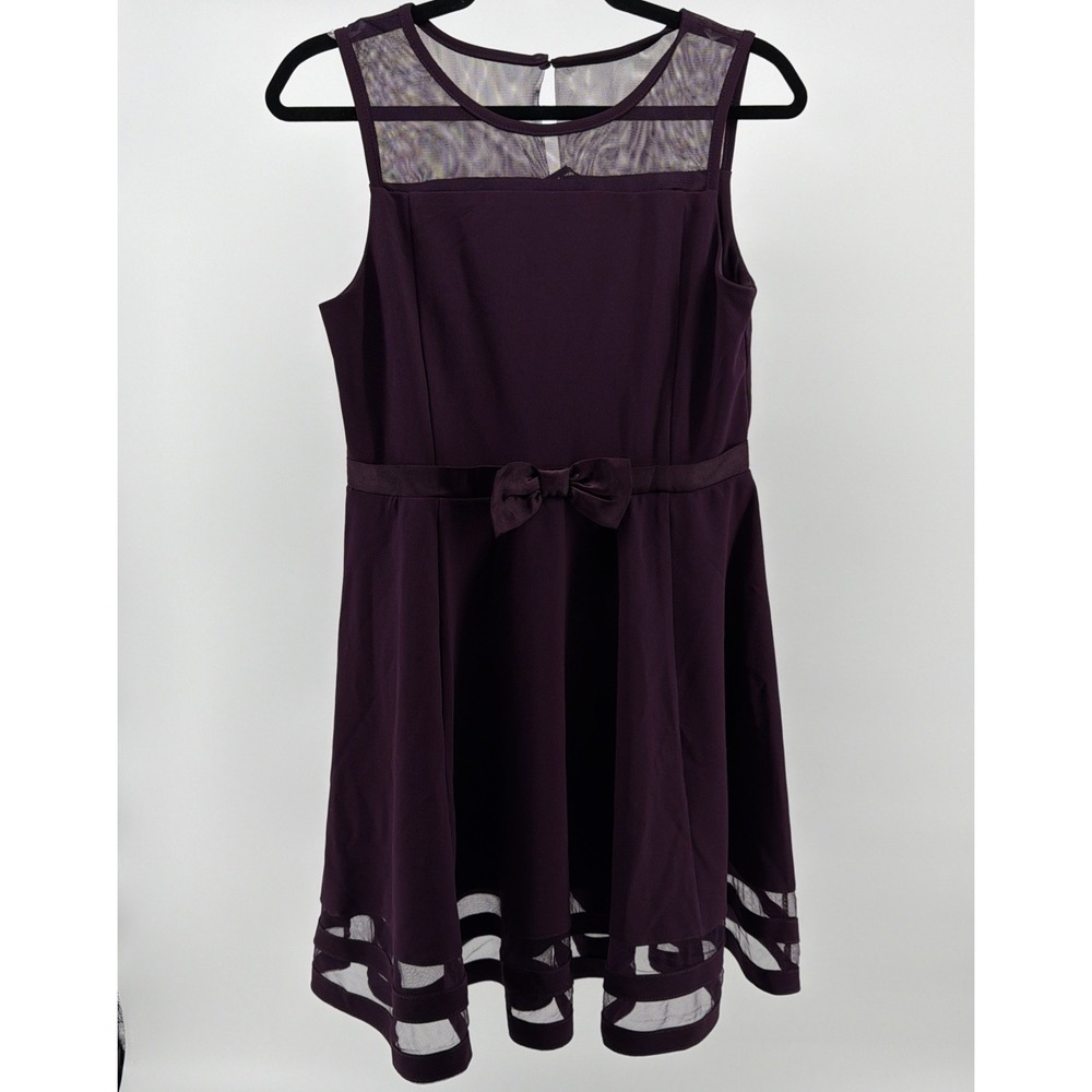Calvin Klein Girls XL 16.5 Plum Purple Fit & Flair Party Dress Illusion Neck NWT